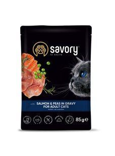 Вологий корм Savory для дорослих котів, лосось з горошком у соусі, пауч, 85 г 20116 фото