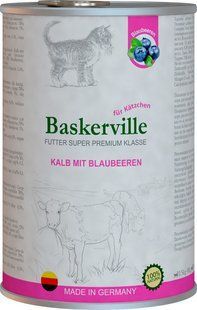 Вологий корм Baskerville Super Premium Kalb Mit Brlaubeeren для котів, телятина з чорницею, 400 г х 6 шт 21531/П фото