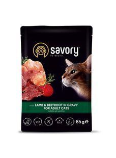 Вологий корм Savory для дорослих котів, ягня з буряком у соусі, пауч, 85 г 20123 фото