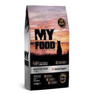 Сухий Корм Myfood Суперпреміум для дорослих котів Hairball Support з КУРКОЮ 1,5кг 501017 фото