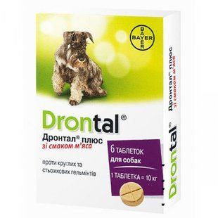 Bayer Дронтал плюс від глистів для собак зі смаком м'яса, упаковка 6 таблеток 54187 фото