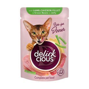 Вологий корм Delickcious шматочки з ягнятиною, курячим філе і квасолею спаржевою в желе 12 шт х 85 г B5410301/П фото