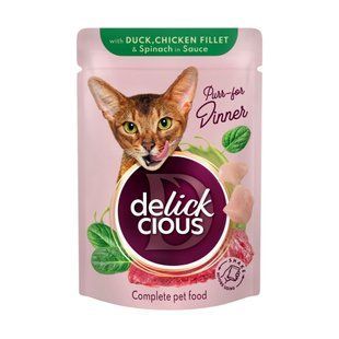 Вологий корм Delickcious шматочки з качкою, курячим філе і шпинатом в соусі 12 шт х 85 г B5410101/П фото
