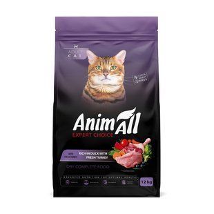 AnimAll Повнораціонний сухий корм для котів зі свіжою індичкою та качкою, 12 кг 178597 фото