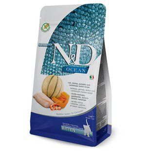 Фарміна N&D Grain Free Ocean COD, SHRIMP, PUMPKIN & CANTALOUPEMELON KITTEN 1.5 кг з тріскою, креветками, гарбузом і динею 175584 фото