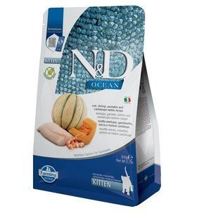 Farmina N&D Grain Free Ocean COD, SHRIMP, PUMPKIN & CANTALOUPEMELON KITTEN з тріскою, креветками, гарбузом і динею 300 г 175583 фото
