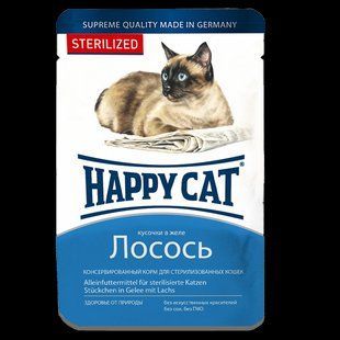 Вологий корм Happy Cat для стерилізованих котів у вигляді шматочків в желе з лососем 0,1 кг 1004211 фото