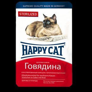 Вологий корм Happy Cat для стерилізованих котів у вигляді шматочків в желе з яловичиною 0,1 кг 1004212 фото