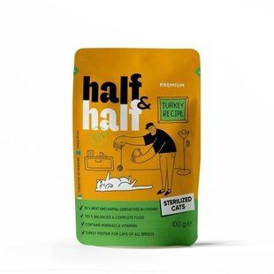 Влажный корм Half&Half для стерилизованных кошек, кусочки с индейкой в ​​желе, пауч, 100 г 20895 фото