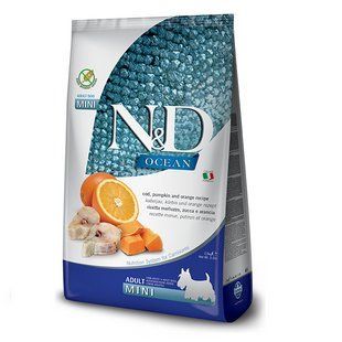 Фармина сухой корм N&D Grain Free OCEAN COD, PUMPKIN & ORANGE ADULT MINI с щепкой и апельсином 2,5 кг 36520 173416 фото