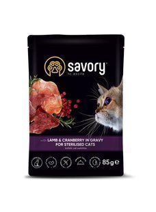 Вологий корм Savory для стерилізованих котів, ягня з журавлиною у соусі, пауч, 85 г 20093 фото