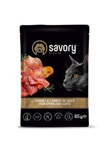 Вологий корм Savory для стерилізованих котів, індичка з морквою в желе, пауч, 85 г 20109 фото