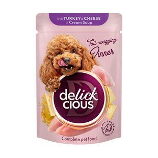 Вологий корм Delickcious смужки з індичкою та сиром в крем-супі 12штх85 г D6211401/П фото